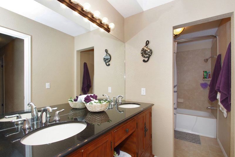 Updated main level bath (adjoins master bedroom) with double sinks, granite countertop, tile, and skylight.