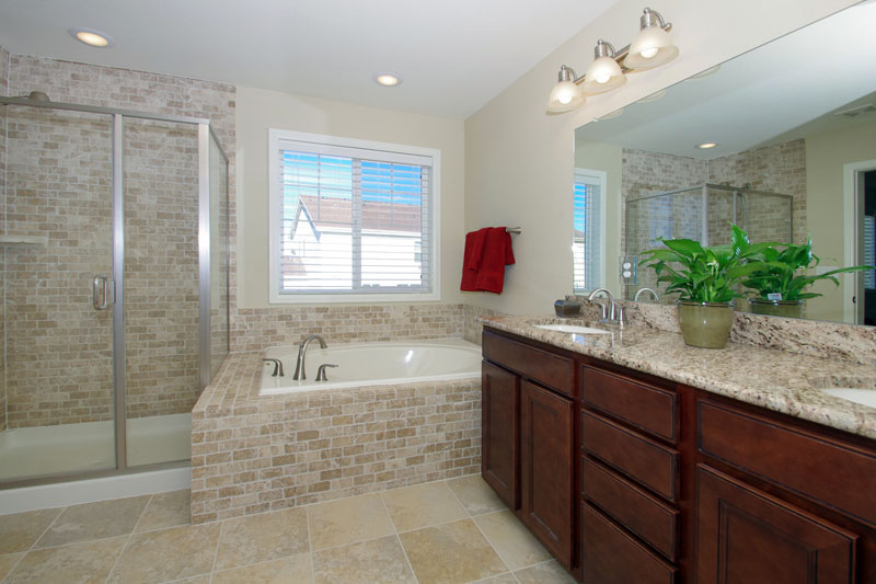 5-piece bath with kitchen height counters, soaking tub, and marble subway tile!