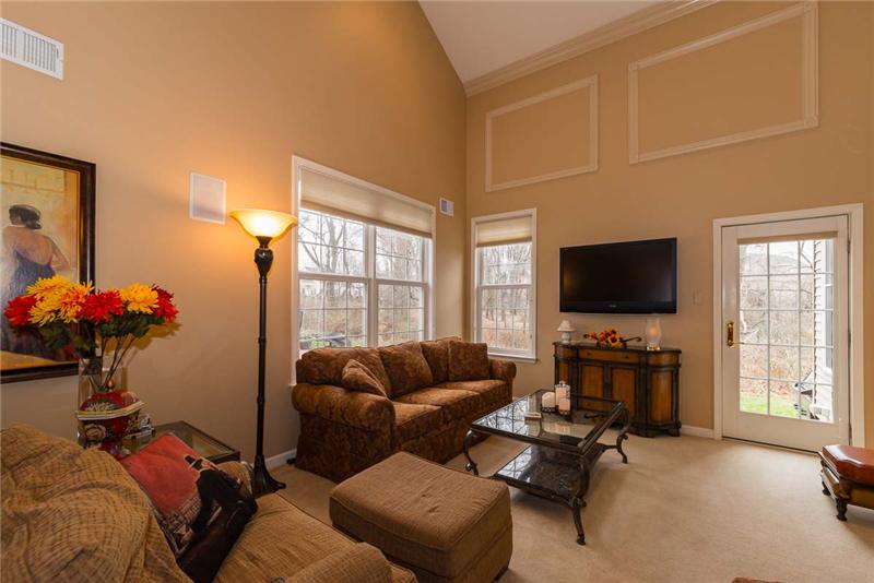 Living room with vaulted ceiling, decorative picture frame molding & door to patio. Hunter Douglas honeycomb blinds.
