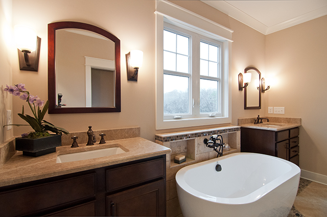 double vanities and European-styled tub