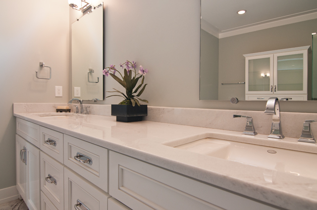 Double vanities in the white and gray master bath